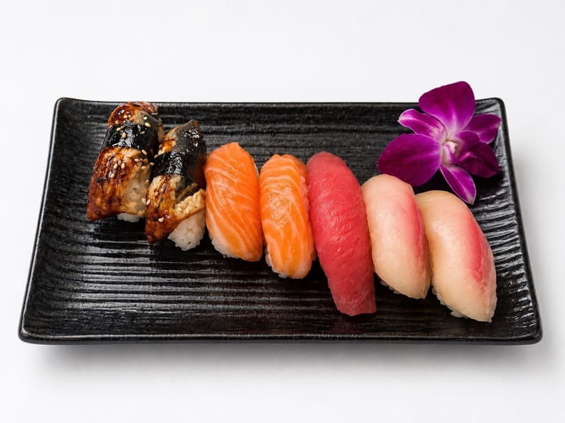 Assortment of nigiri sushi, including eel, salmon, tuna, and yellowtail, on a black plate with an orchid.