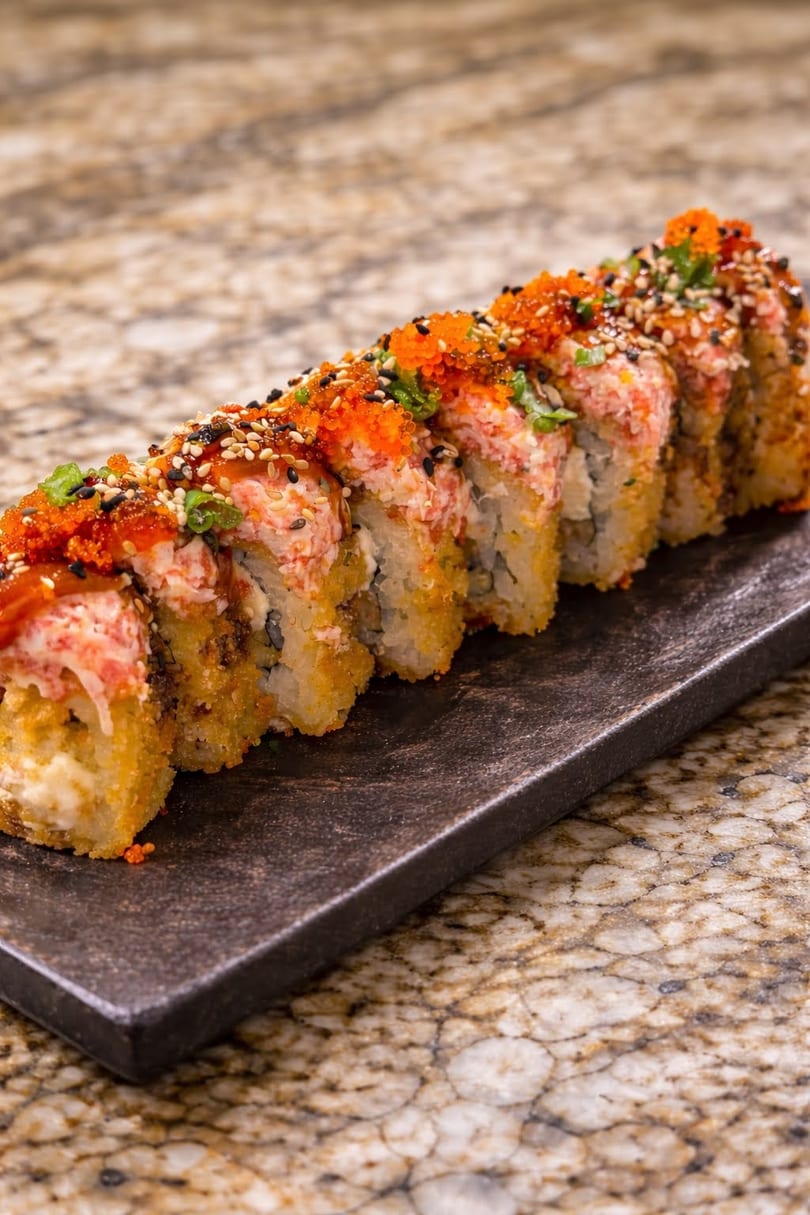 Golden-fried sushi rolls topped with crab salad, orange tobiko, sesame seeds, and green onions on a dark plate.