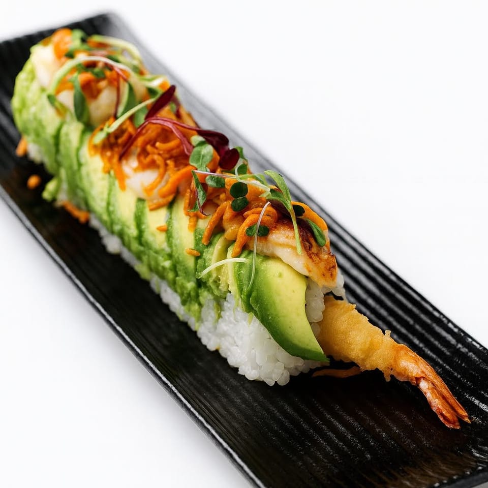 Dragon roll sushi with avocado, tempura shrimp, and microgreens on a black plate.
